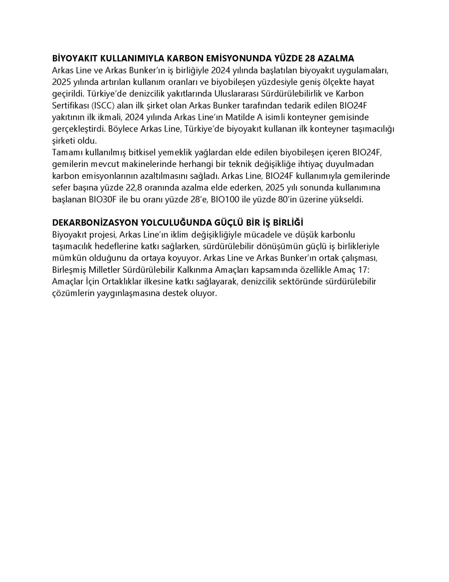 Arkas Line’a Biyoyakıt Projesiyle Sürdürülebilir İş Ödülü