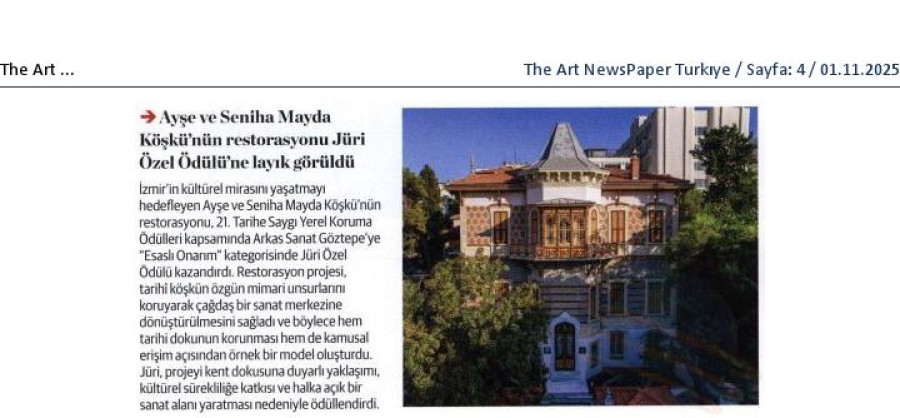 Ayşe Seniha Mayda Köşkü'nün Restorasyonu Jüri Özel Ödülü'ne Layık Görüldü