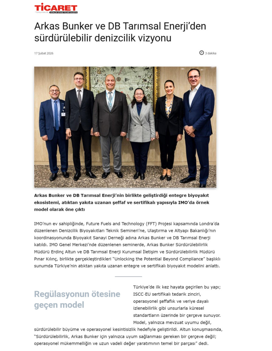 Arkas Bunker ve DB Tarımsal Enerji’den Sürdürülebilir Denizcilik Vizyonu