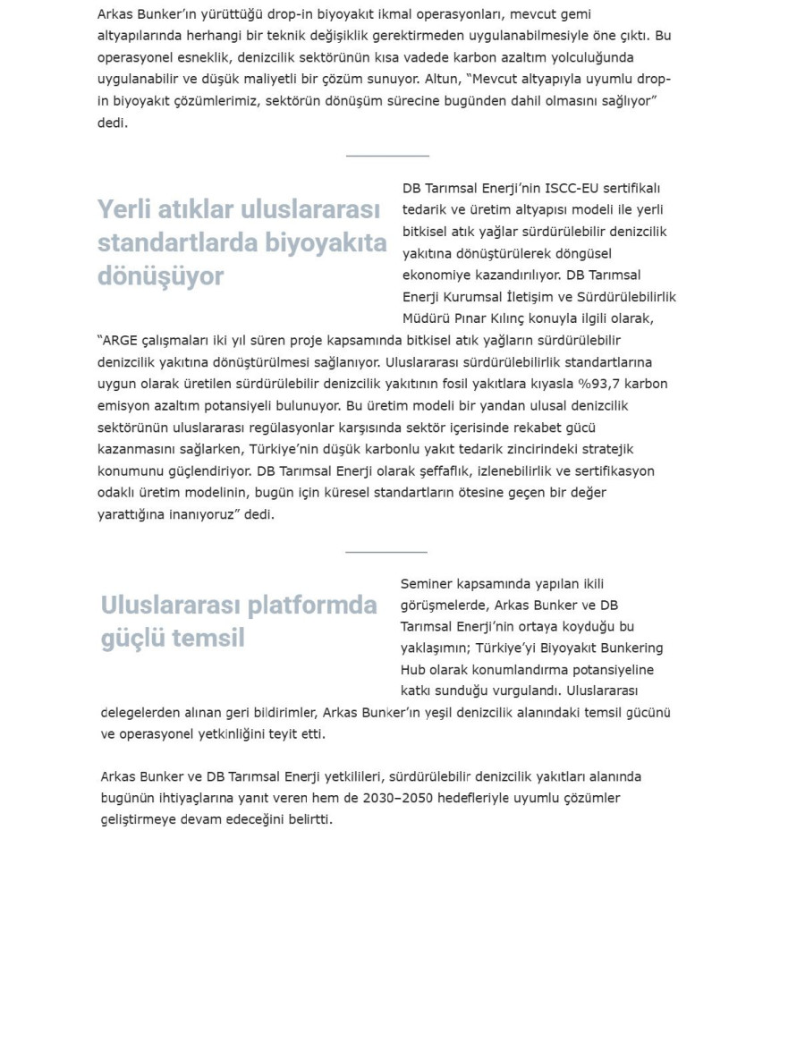 Arkas Bunker ve DB Tarımsal Enerji’den Sürdürülebilir Denizcilik Vizyonu