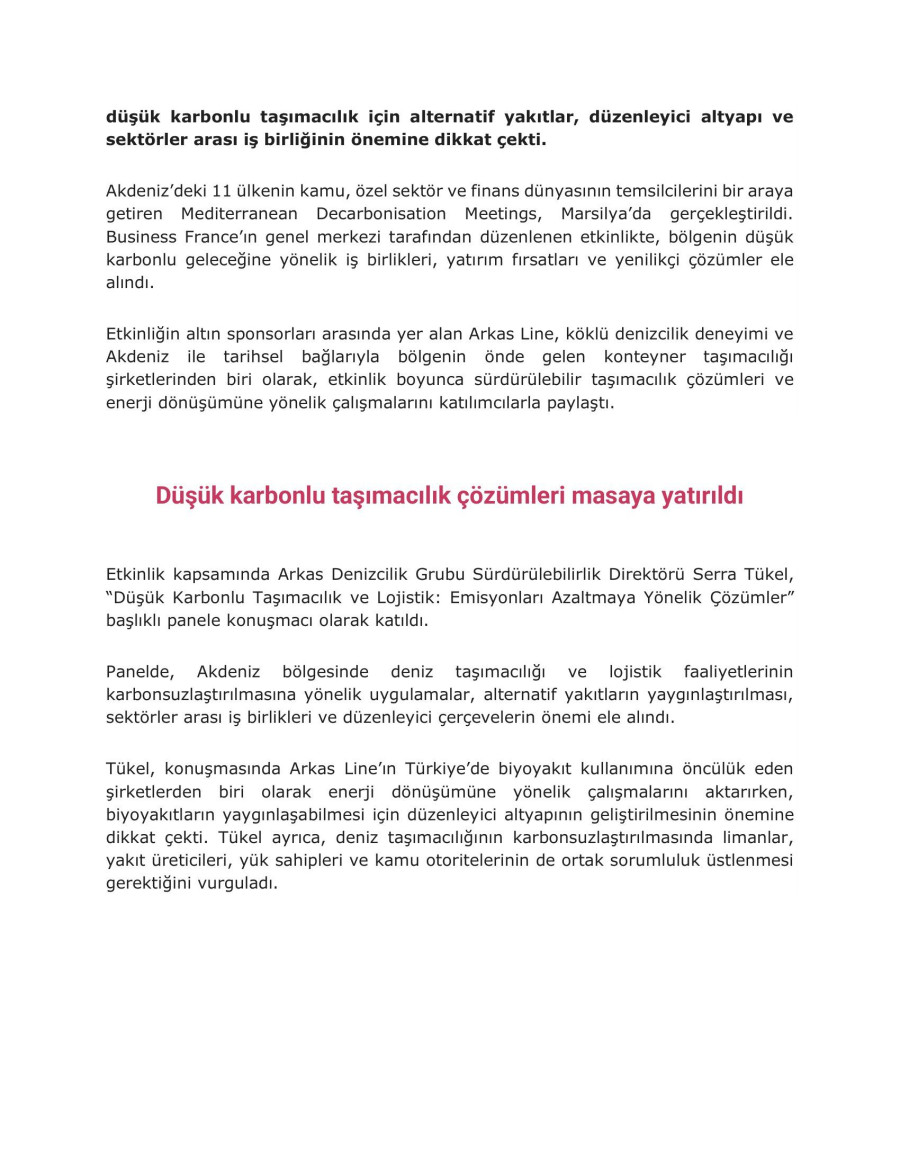 Arkas Line’dan Akdeniz’de Düşük Karbonlu Deniz Taşımacılığı Vurgusu