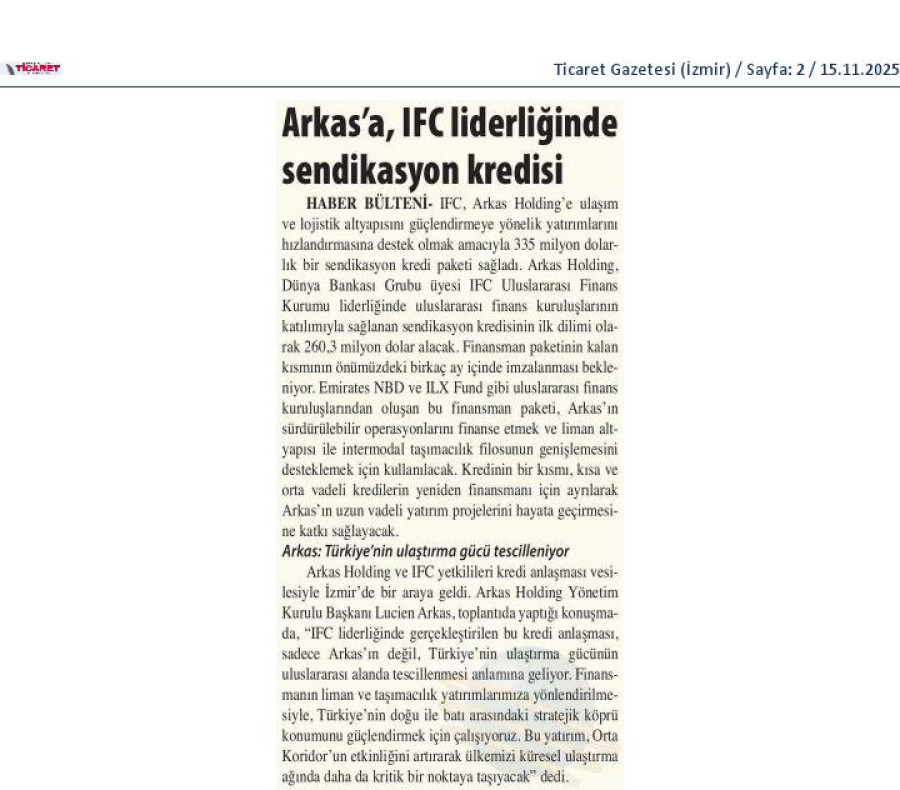 Arkas'a IFC Liderliğinde Sendikasyon Kredisi