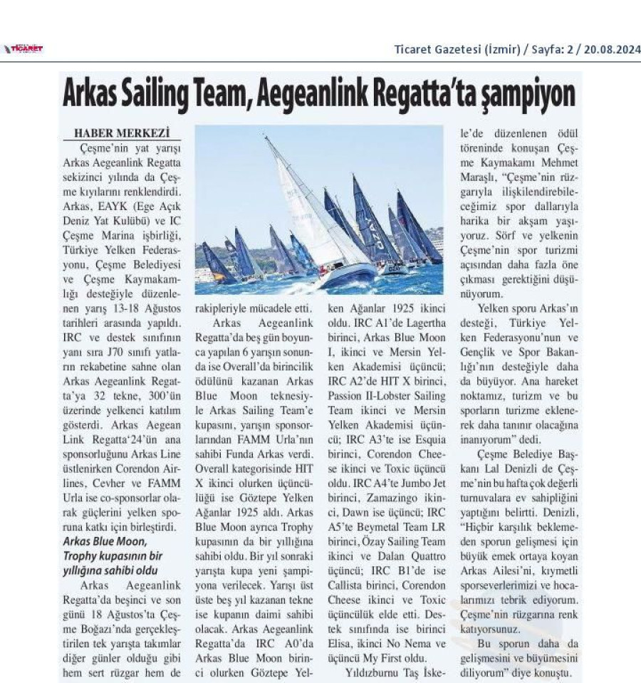 Arkas Sailing Team Aegeanlink Regatta'da şampiyon 