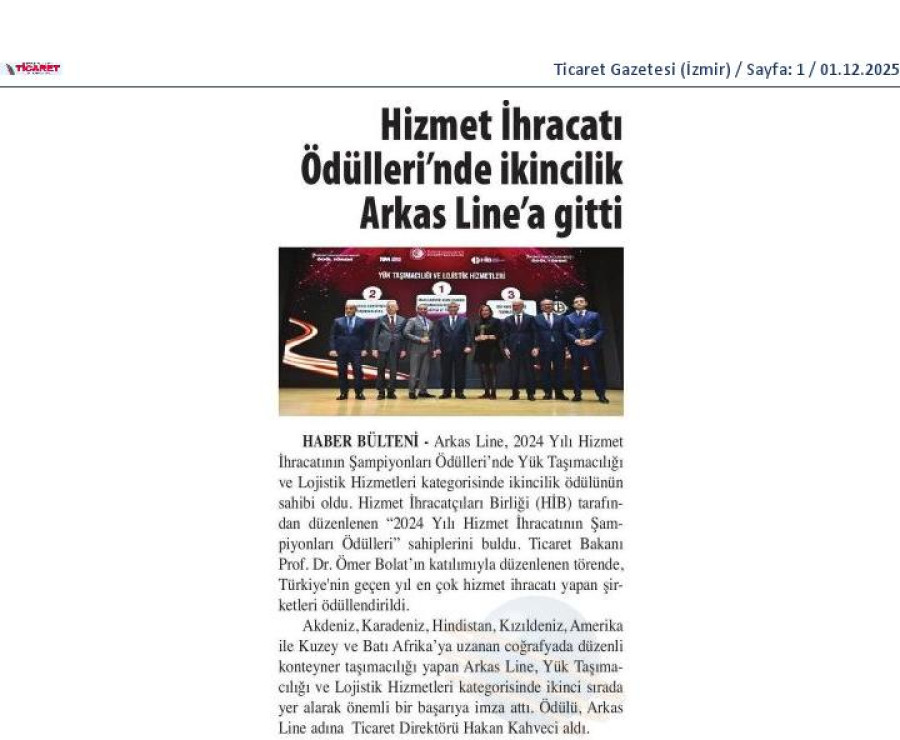 Hizmet İhracatı Ödülleri'nde İkincilik Arkas Line'a Gitti