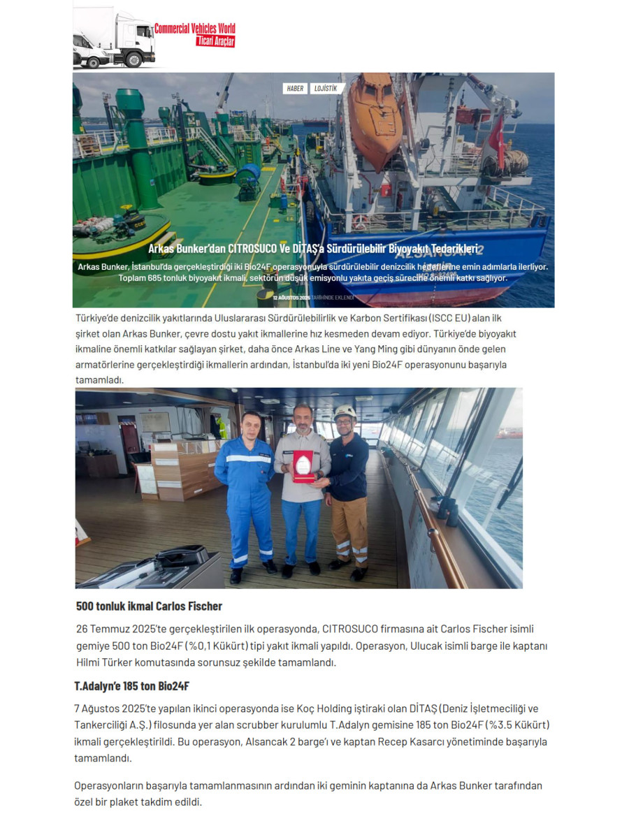 Arkas Bunker’dan CITROSUCO Ve DİTAŞ’a Sürdürülebilir Biyoyakıt Tedarikleri