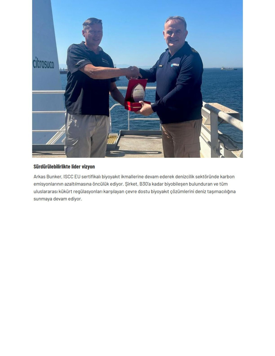 Arkas Bunker’dan CITROSUCO Ve DİTAŞ’a Sürdürülebilir Biyoyakıt Tedarikleri