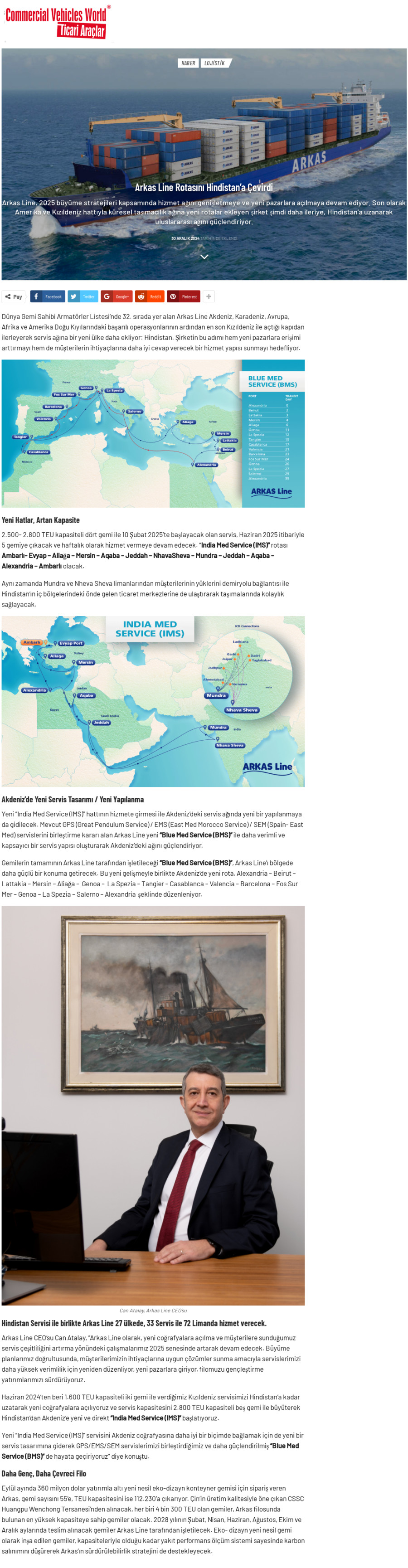 Arkas Line rotasını  Hindistan'a çevirdi