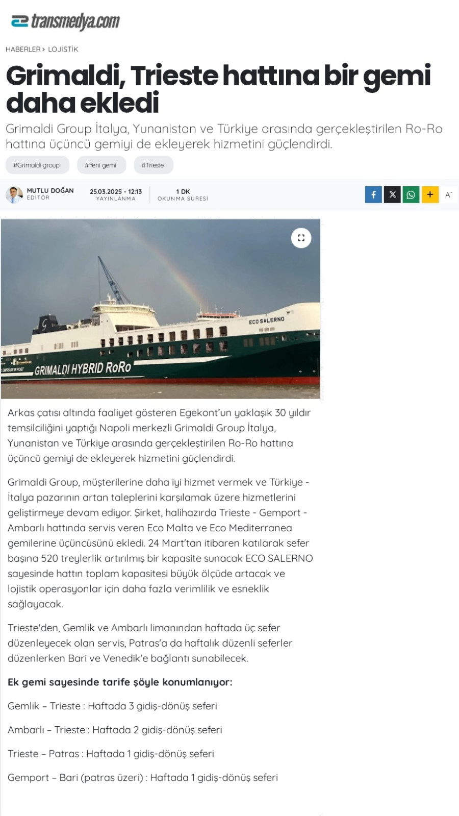 Grimaldi Group, Trieste hattına bir gemi daha ekledi 