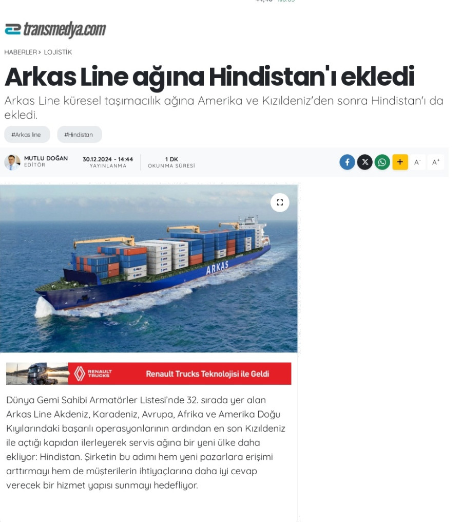 Arkas Line ağına Hindistan'ı ekledi