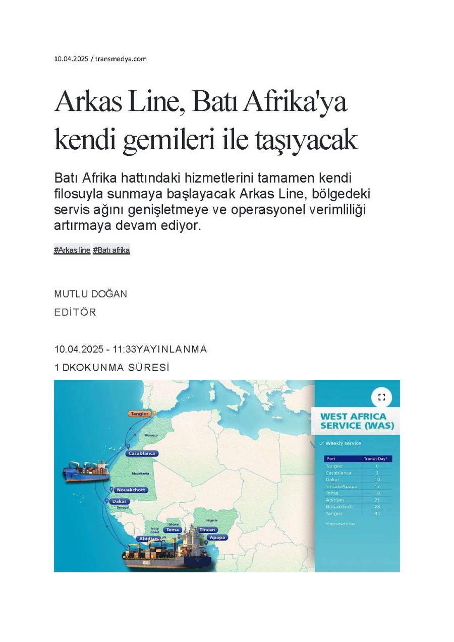 Arkas Line Batı Afrika'ya kendi gemileri ile taşıyacak