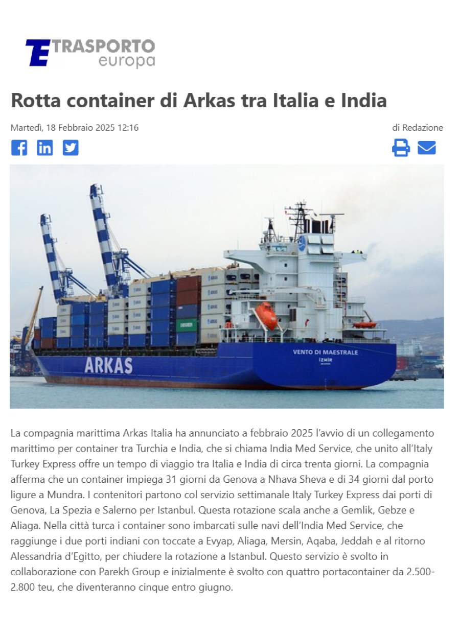 Rotta container di Arkas tra Italia e India