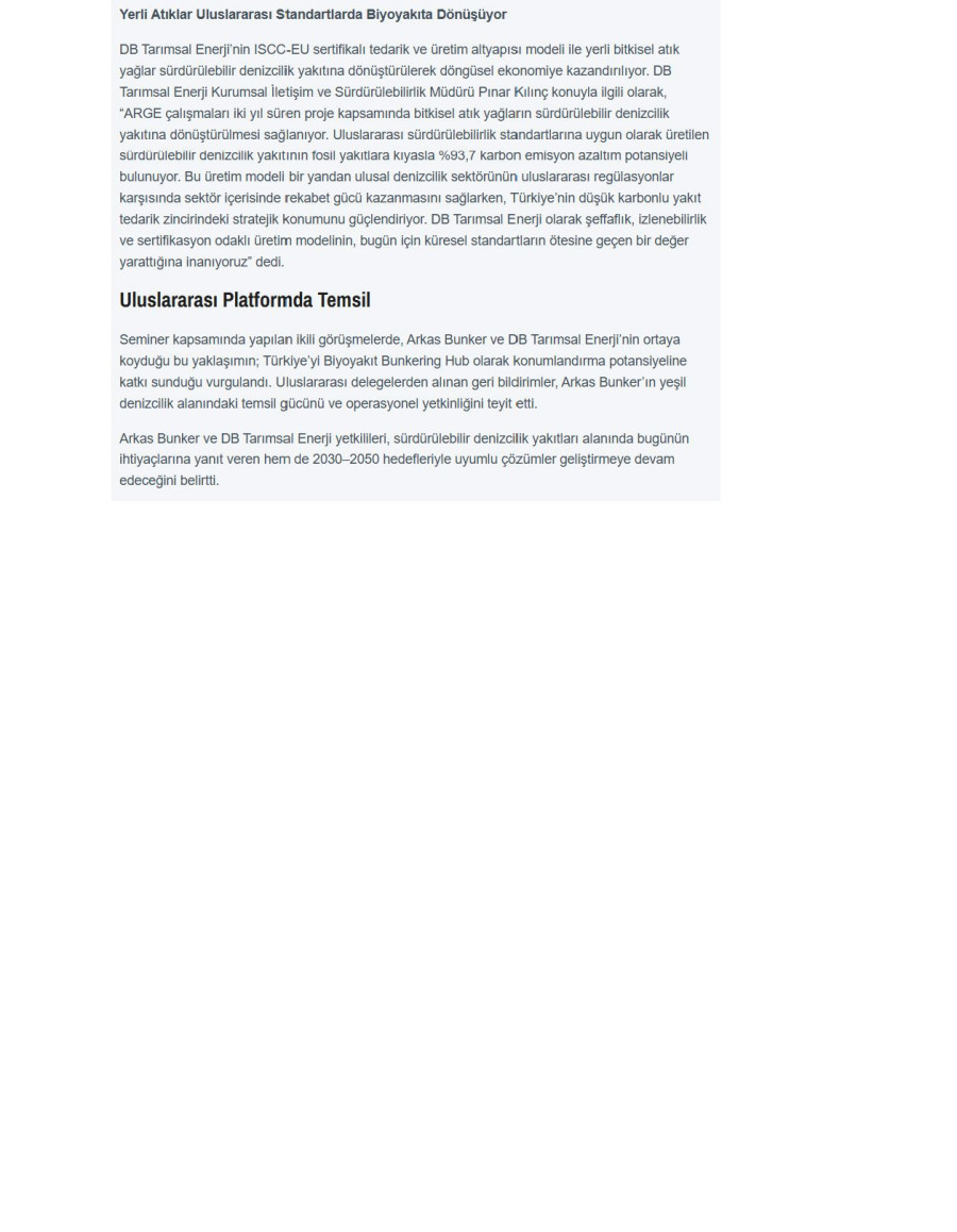 Arkas Bunker ve DB Tarımsal Enerji Biyoyakıt Çalışmaları