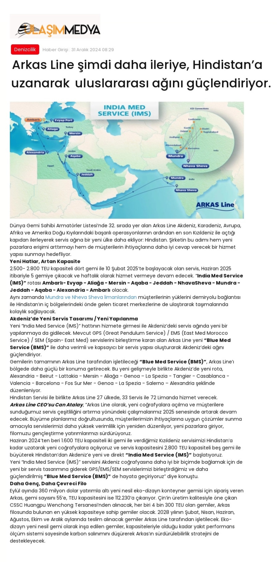Arkas Line şimdi daha ileriye, Hindistan’a uzanarak uluslararası ağını güçlendiriyor