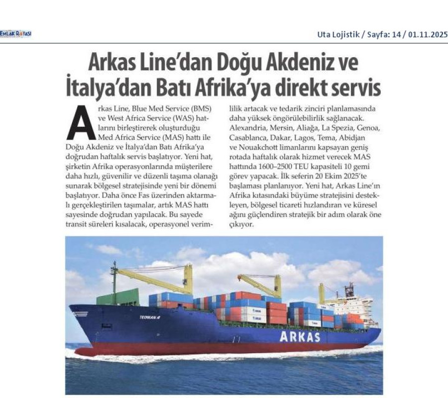 Arkas Line'dan Doğu Akdeniz Ve İtalya'dan Batı Afrika'ya Direkt Servis