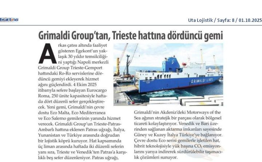 Grimaldi Group'tan Trieste Hattına Dördüncü Gemi