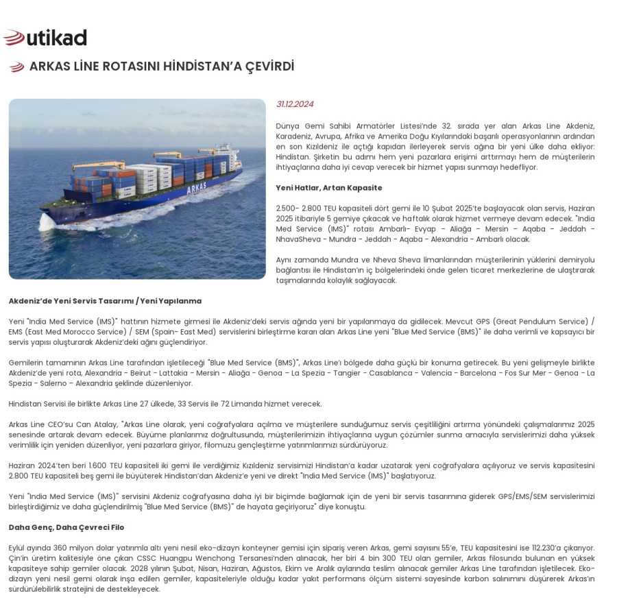 Arkas Line rotasını Hindistan'a çevirdi