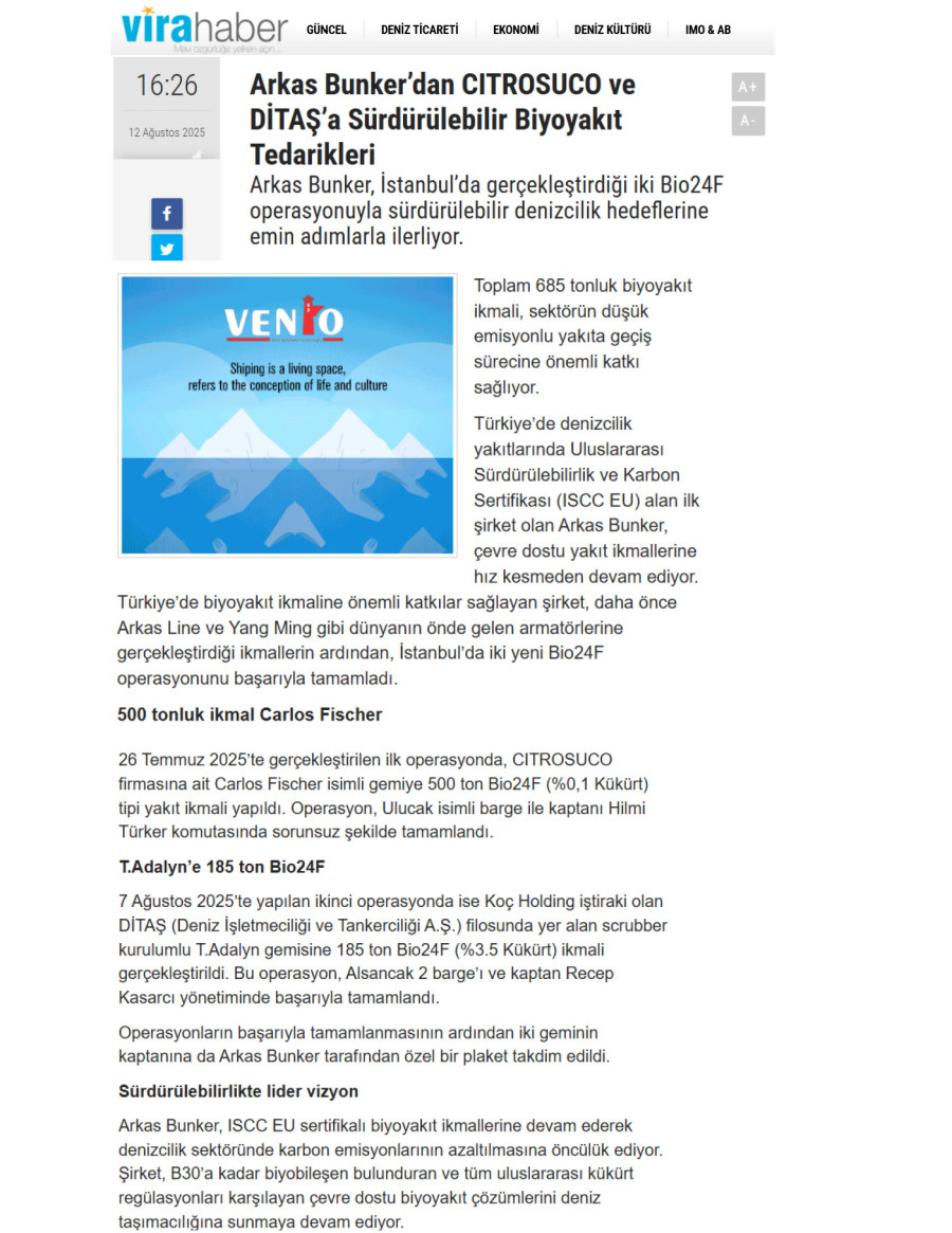 Arkas Bunker’dan CITROSUCO Ve DİTAŞ’a Sürdürülebilir Biyoyakıt Tedarikleri