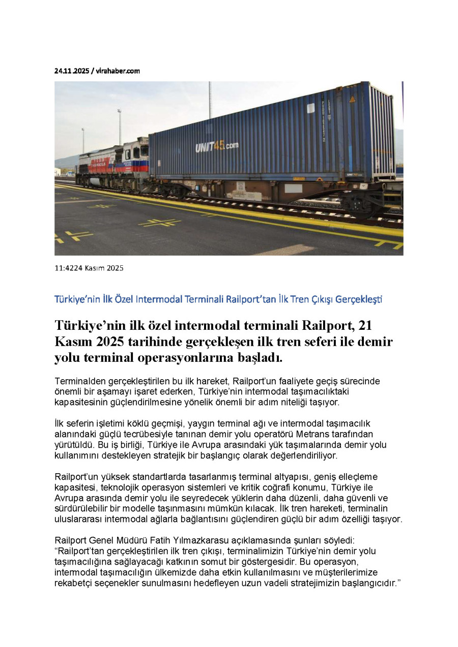Türkiye’nin İlk Özel Intermodal Terminali Railport’tan İlk Tren Çıkışı Gerçekleşti