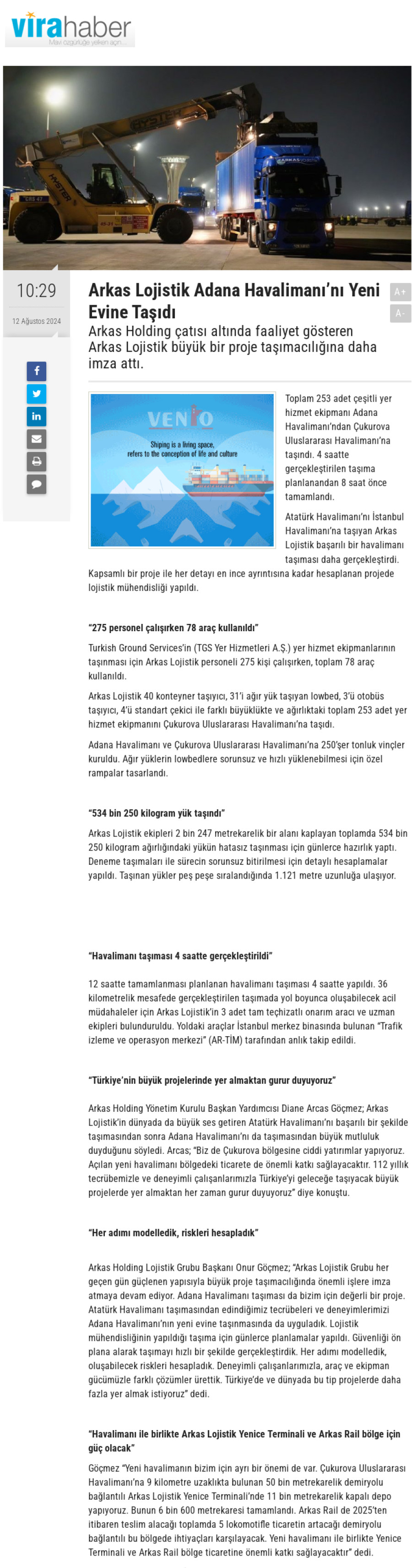 Arkas Lojistik Adana Havalimanı'nı yeni evine taşıdı
