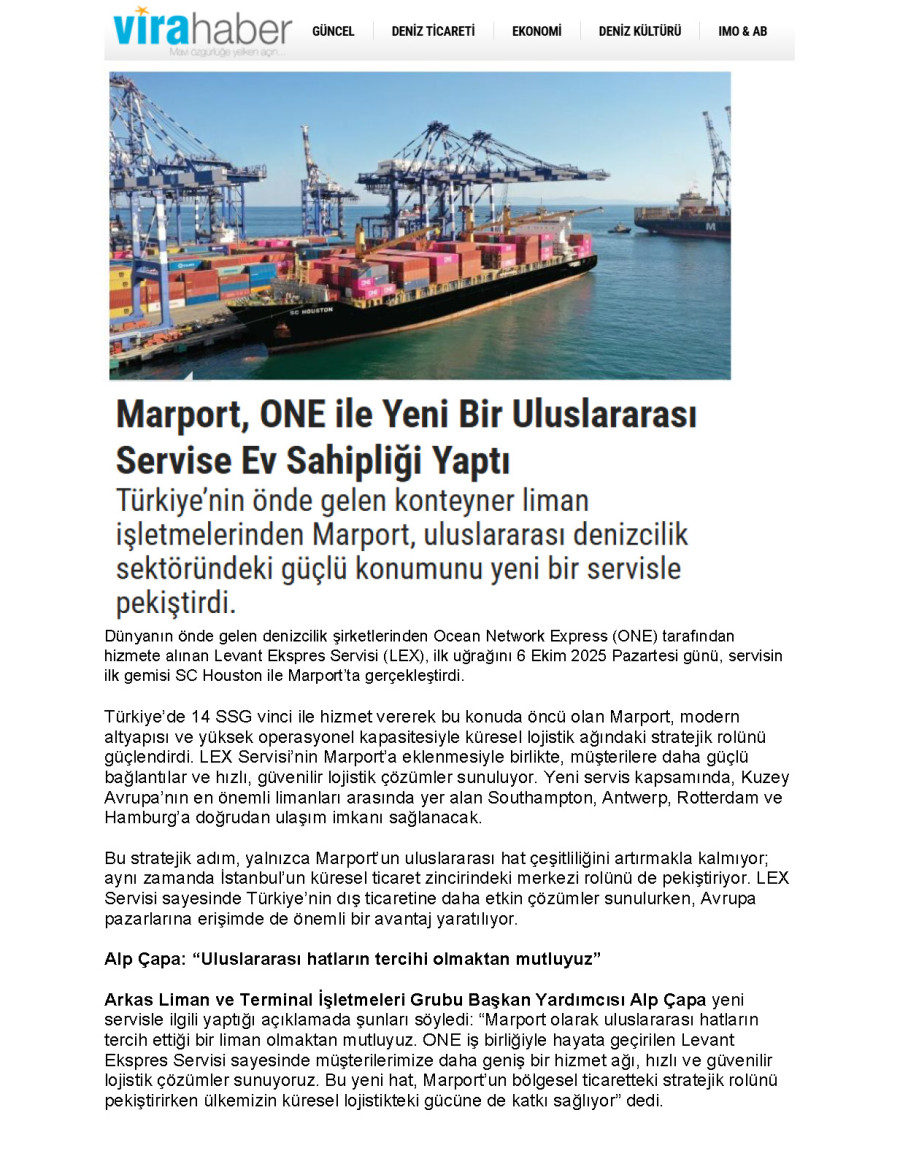 Marport, ONE İle Yeni Bir Uluslararası Servise Ev Sahipliği Yaptı