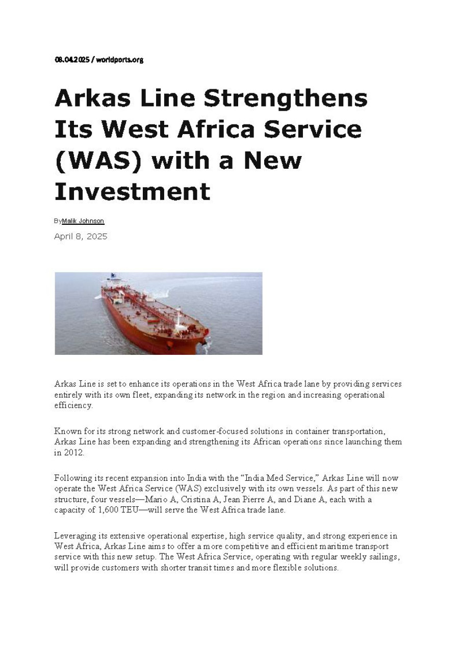 Arkas Line strengthens its West Africa service with a new investment