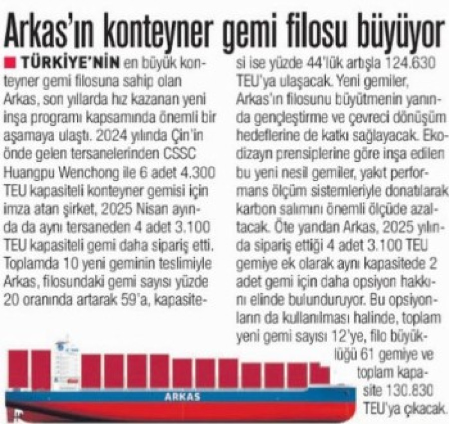 Arkas'ın Konteyner Gemi Filosu Büyüyor