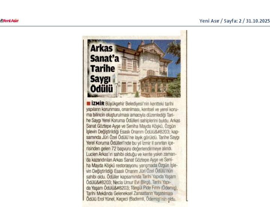 Arkas Sanat'a Tarihe Saygı Ödülü