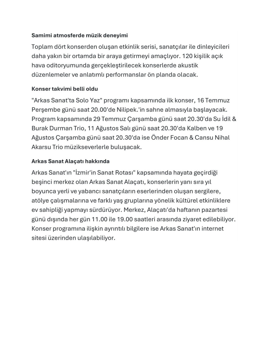 Arkas Sanat Alaçatı’da Yaz Konserleri Başlıyor 