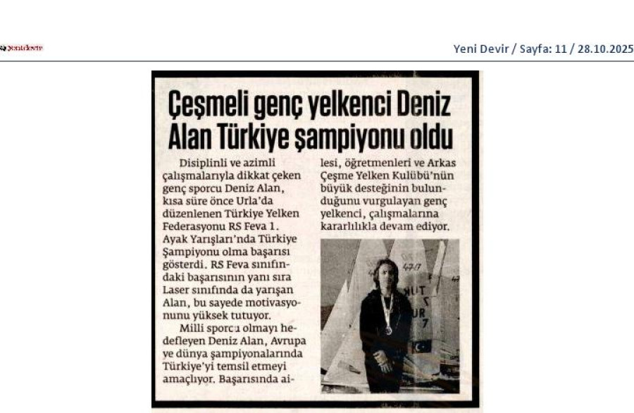 Çeşmeli Genç Yelkenci Deniz Alan Türkiye Şampiyonu Oldu