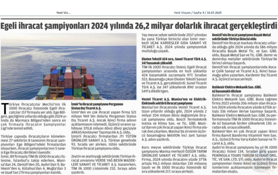 Egeli İhracat Şampiyonları 2024 Yılında 26,2 Milyar Dolarlık İhracat Gerçekleştirdi