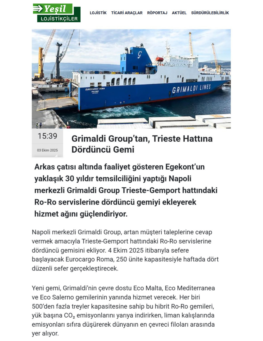 Grimaldi Group’tan, Trieste Hattına Dördüncü Gemi