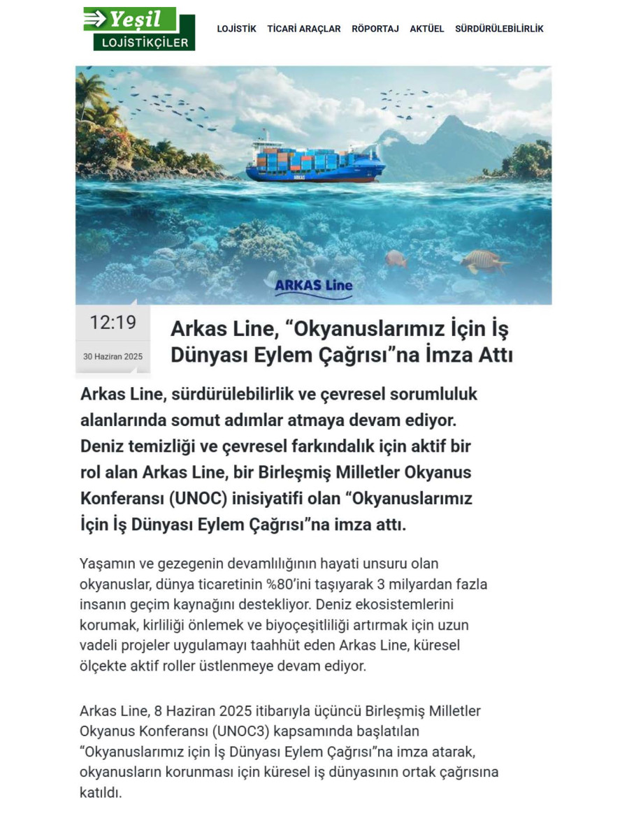 Arkas Line, “Okyanuslarımız İçin İş Dünyası Eylem Çağrısı”na İmza Attı
