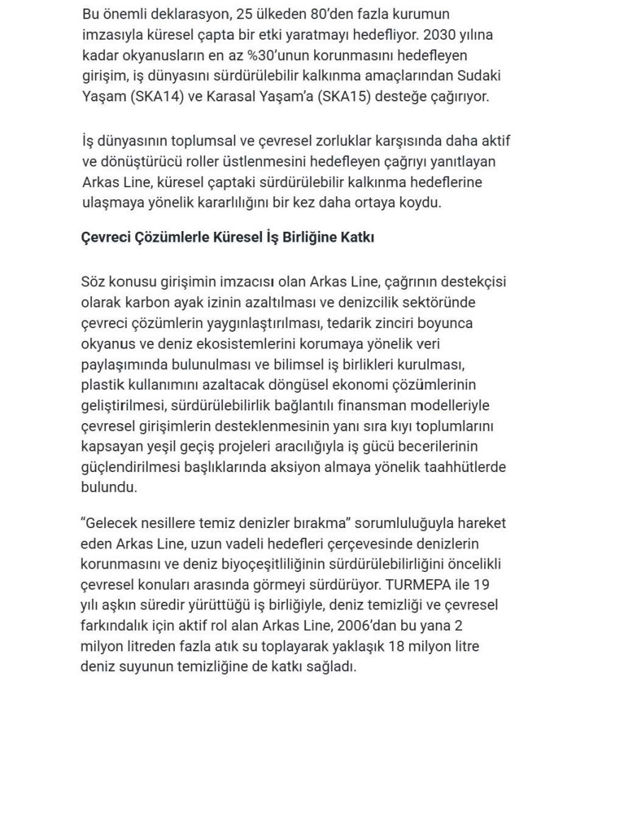 Arkas Line, “Okyanuslarımız İçin İş Dünyası Eylem Çağrısı”na İmza Attı