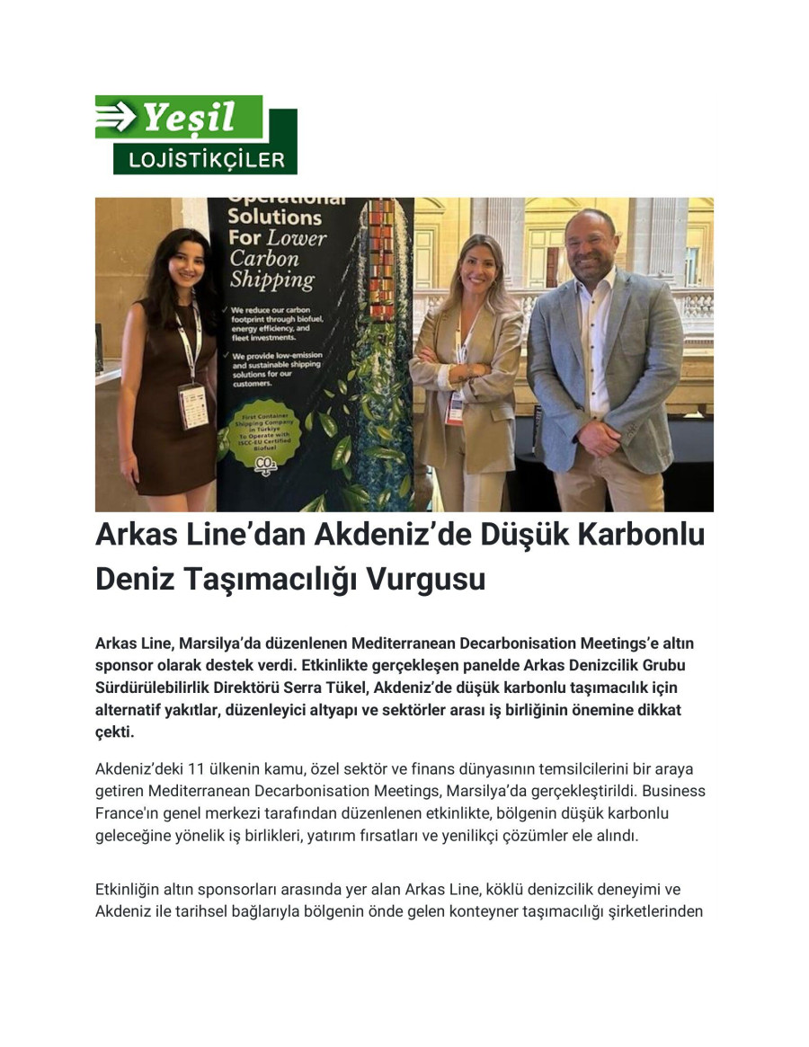 Arkas Line’dan Akdeniz’de Düşük Karbonlu Deniz Taşımacılığı Vurgusu