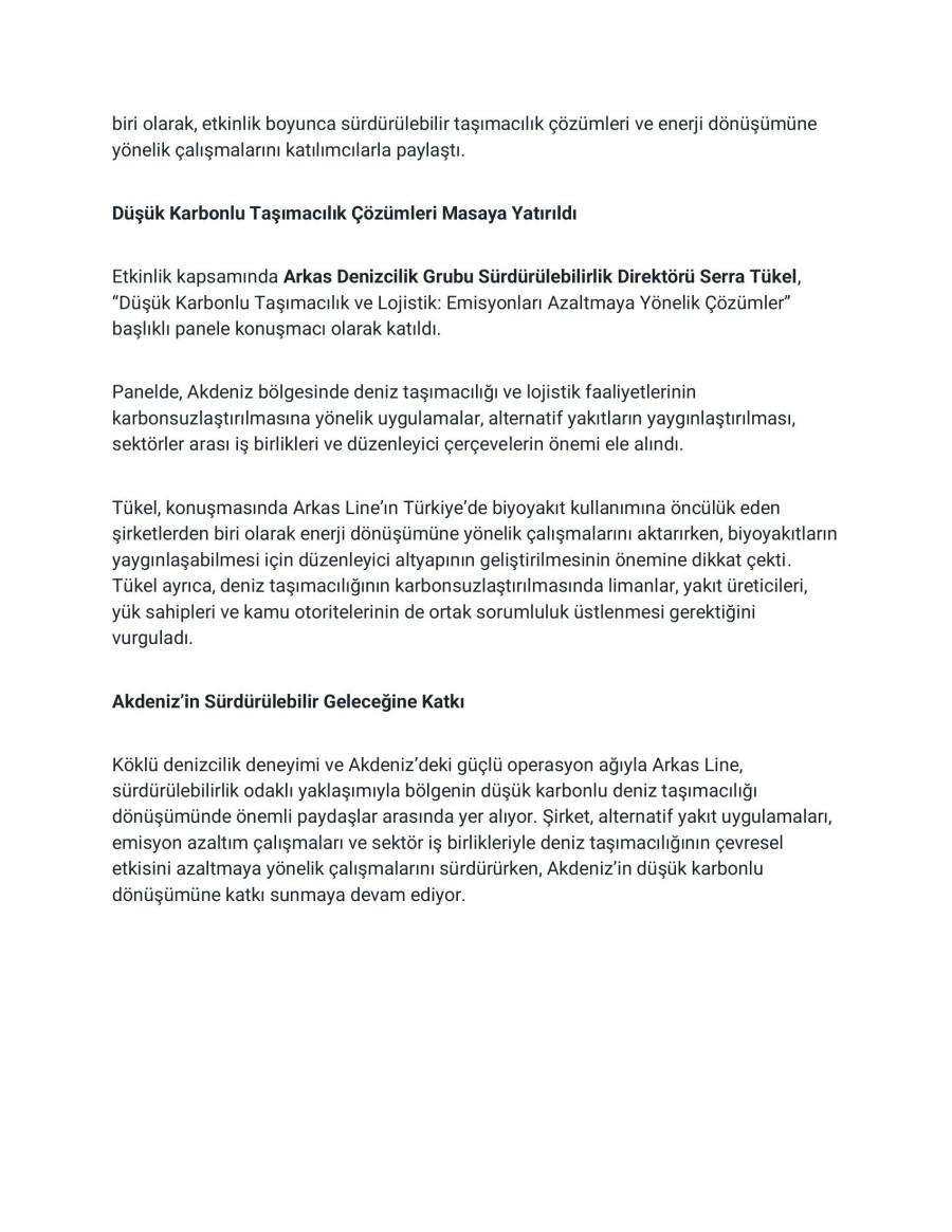Arkas Line’dan Akdeniz’de Düşük Karbonlu Deniz Taşımacılığı Vurgusu