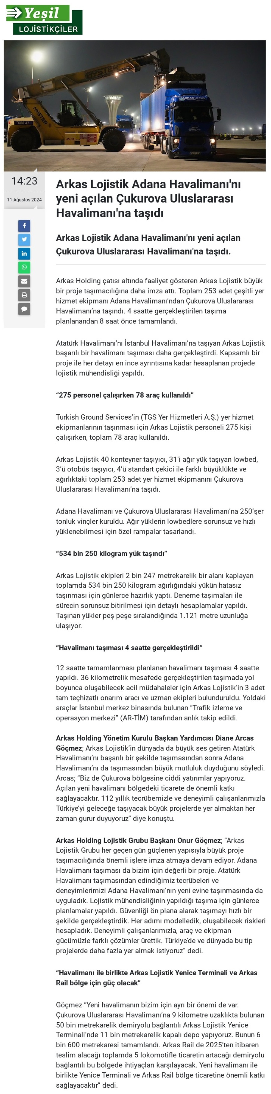 Arkas Lojistik, Adana Havalimanı'nı yeni açılan Çukurova Uluslararası Havalimanı'na taşıdı