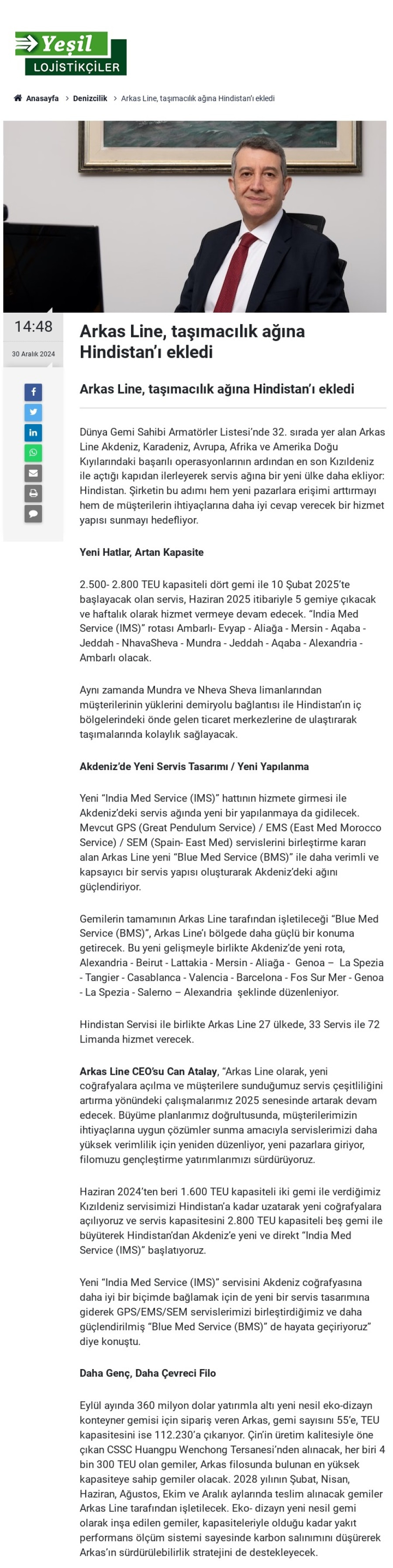 Arkas Line rotasını  Hindistan'a çevirdi 