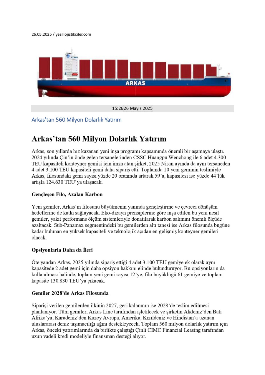 Arkas’tan 560 Milyon Dolarlık Yatırım
