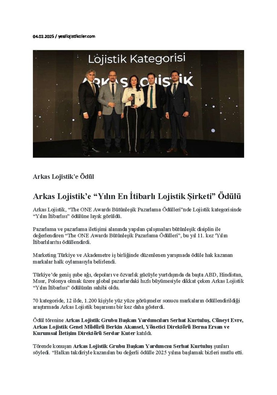 Arkas Lojistik’e “Yılın En İtibarlı Lojistik Şirketi” ödülü