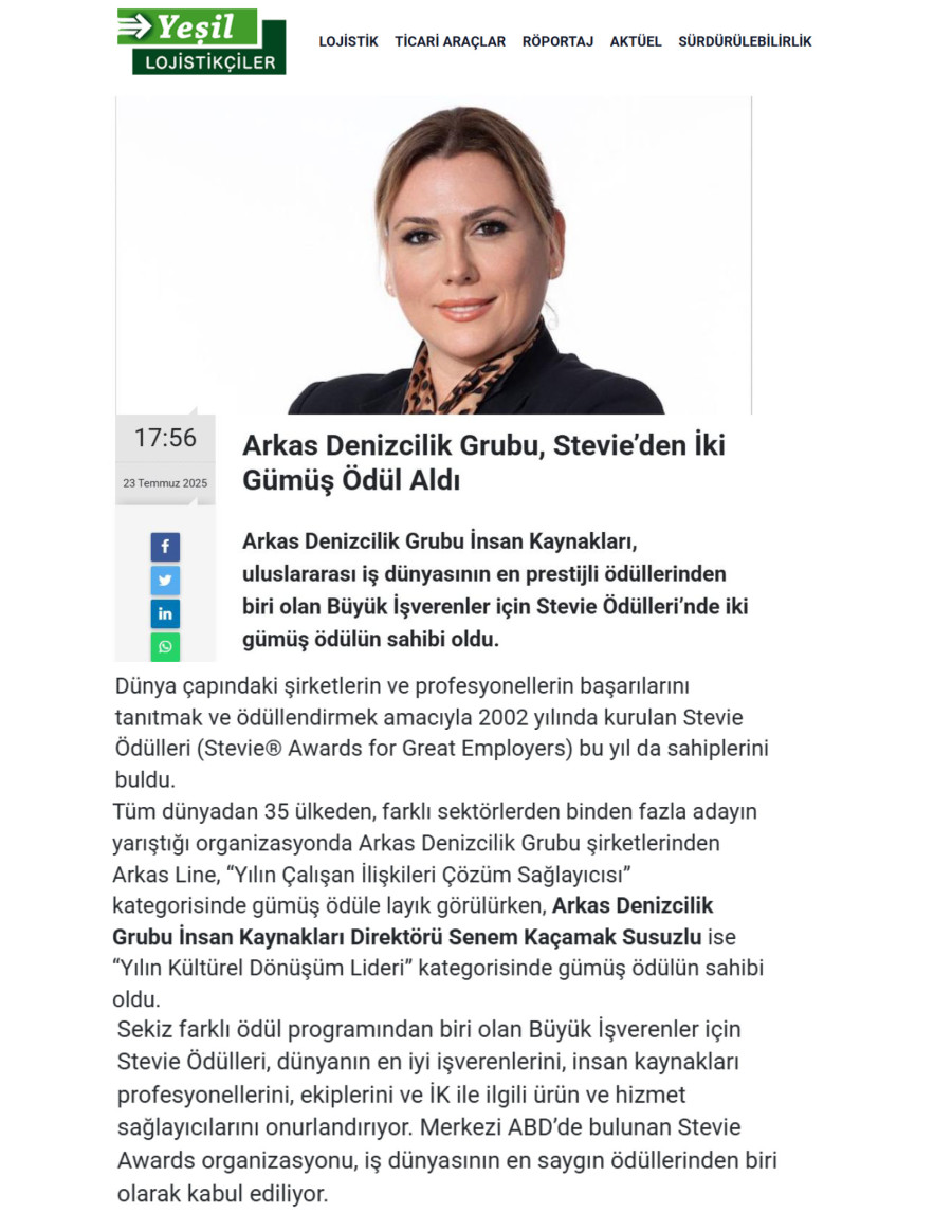 Arkas Denizcilik Grubu, Stevie’den İki Gümüş Ödül Aldı