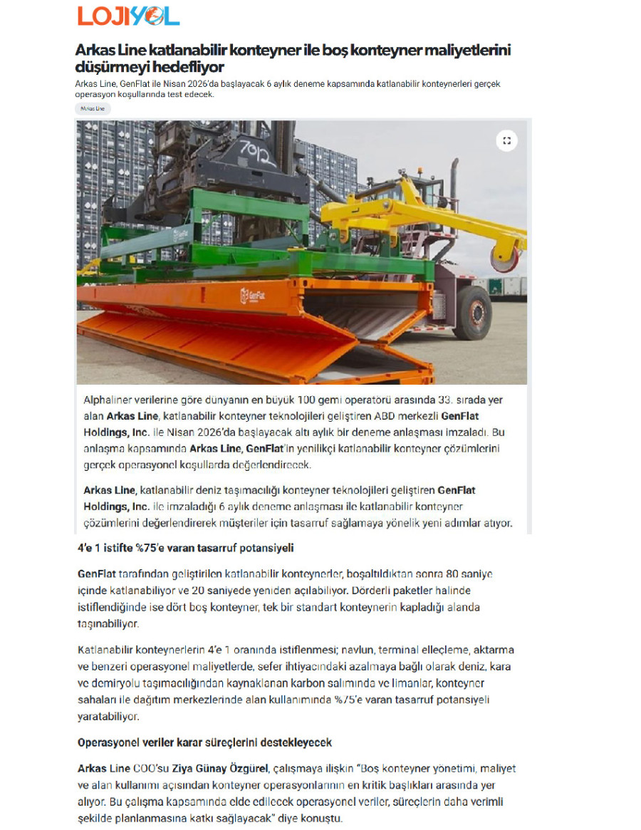 Arkas Line Katlanabilir Konteyner İle Boş Konteyner Maliyetlerini Düşürmeyi Hedefliyor
