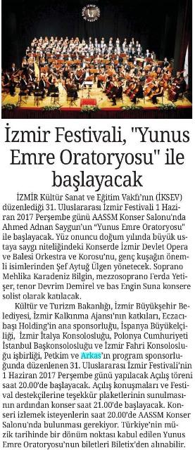 İzmir Festivali, ''Yunus Emre Oratoryosu'' ile başlayacak