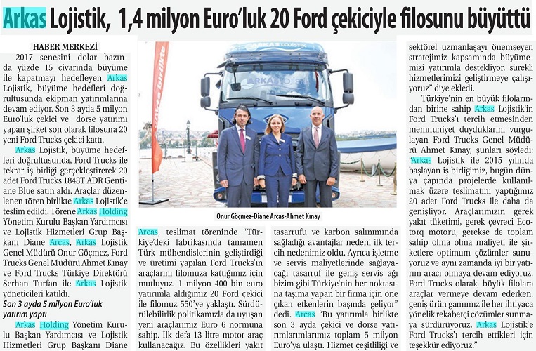 Arkas Lojistik, 1,4 milyon Euro'luk 20 Ford çekiciyle filosunu büyüttü