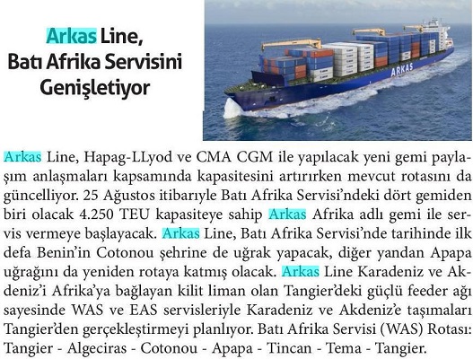Arkas Line, Batı Afrika servisini genişletiyor