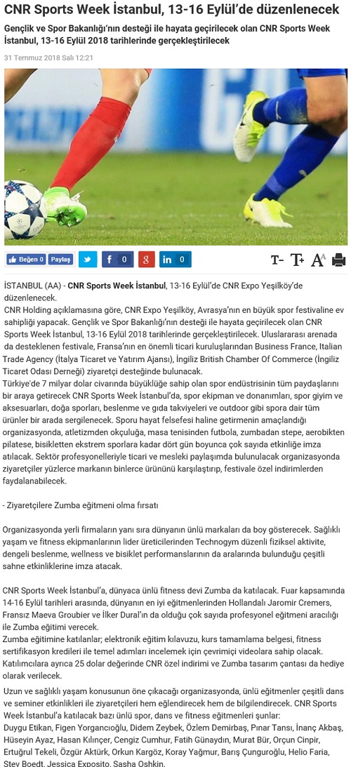 CNR Sports Week İstanbul, 13-16 Eylül'de düzenlenecek