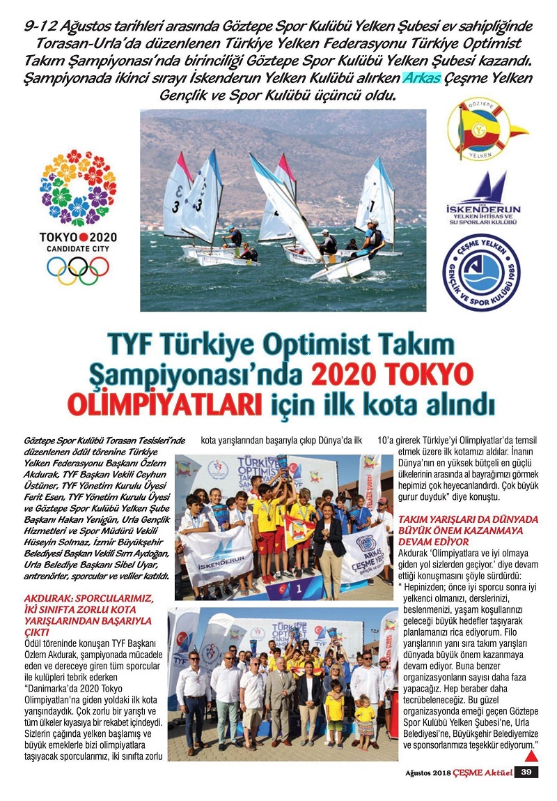 TFY Türkiye Optimist Takım Şampiyonası'nda 2020 Tokyo Olimpiyatları için ilk kota alındı