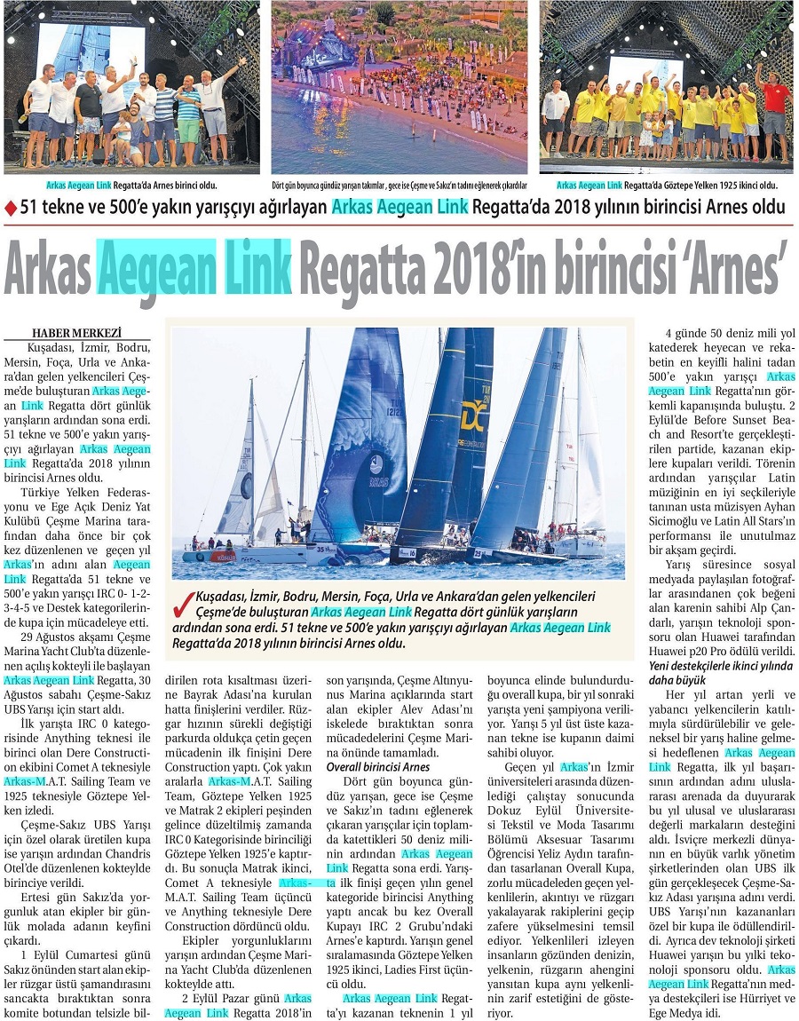 Arkas Aegean Link Regatta 2018'in birincisi 'Arnes'