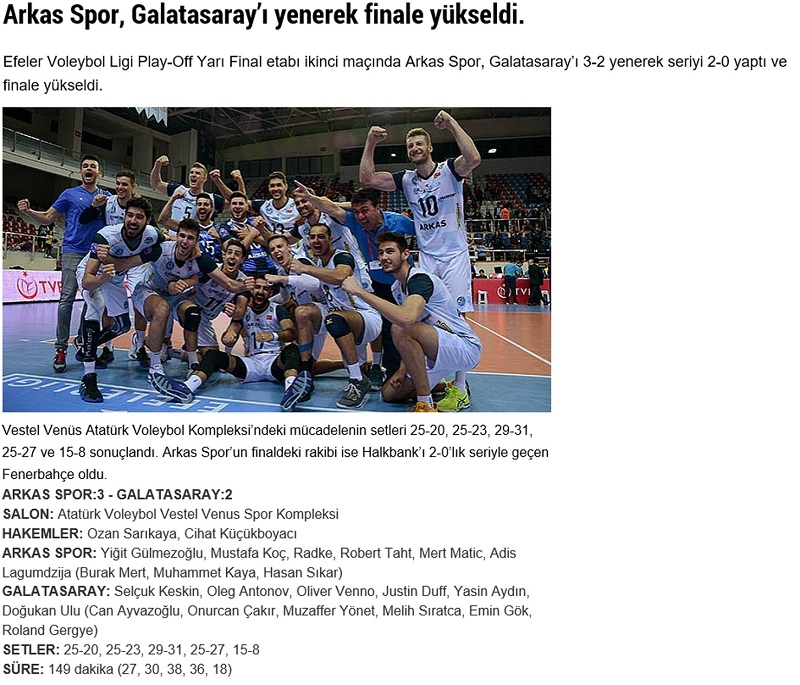 Arkas Spor, Galatasaray'ı yenerek finale yükseldi
