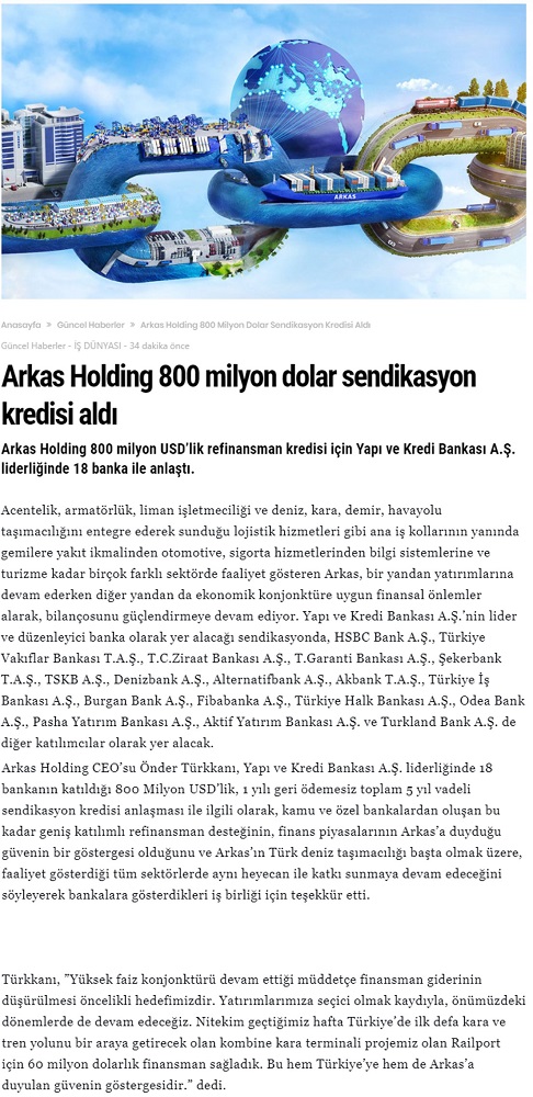 Arkas Holding 800 milyon dolar sendikasyon kredisi aldı
