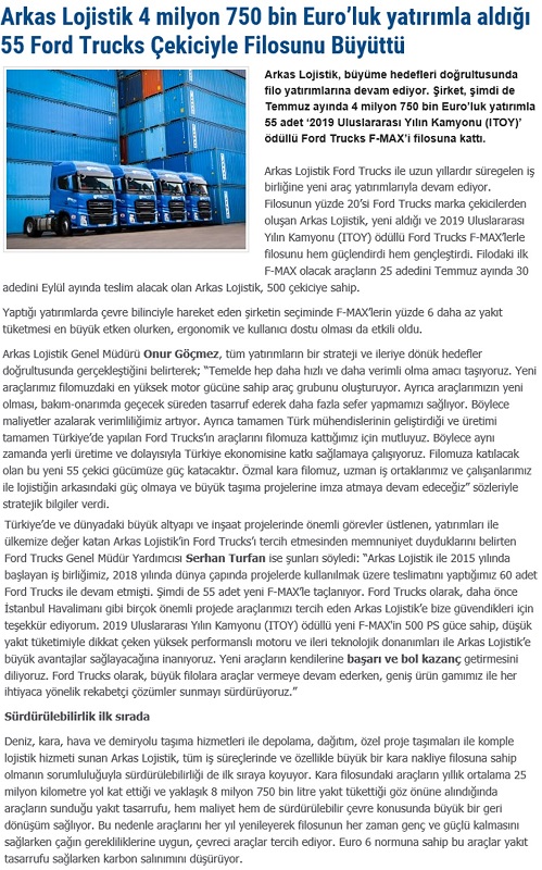 Arkas Lojistik 4 milyon 750 bin Euro'luk yatırımla aldığı 55 Ford Trucks çekiciyle filosunu büyüttü